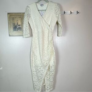 Bebe Cream Ruched Wrap Dress with V-Neck